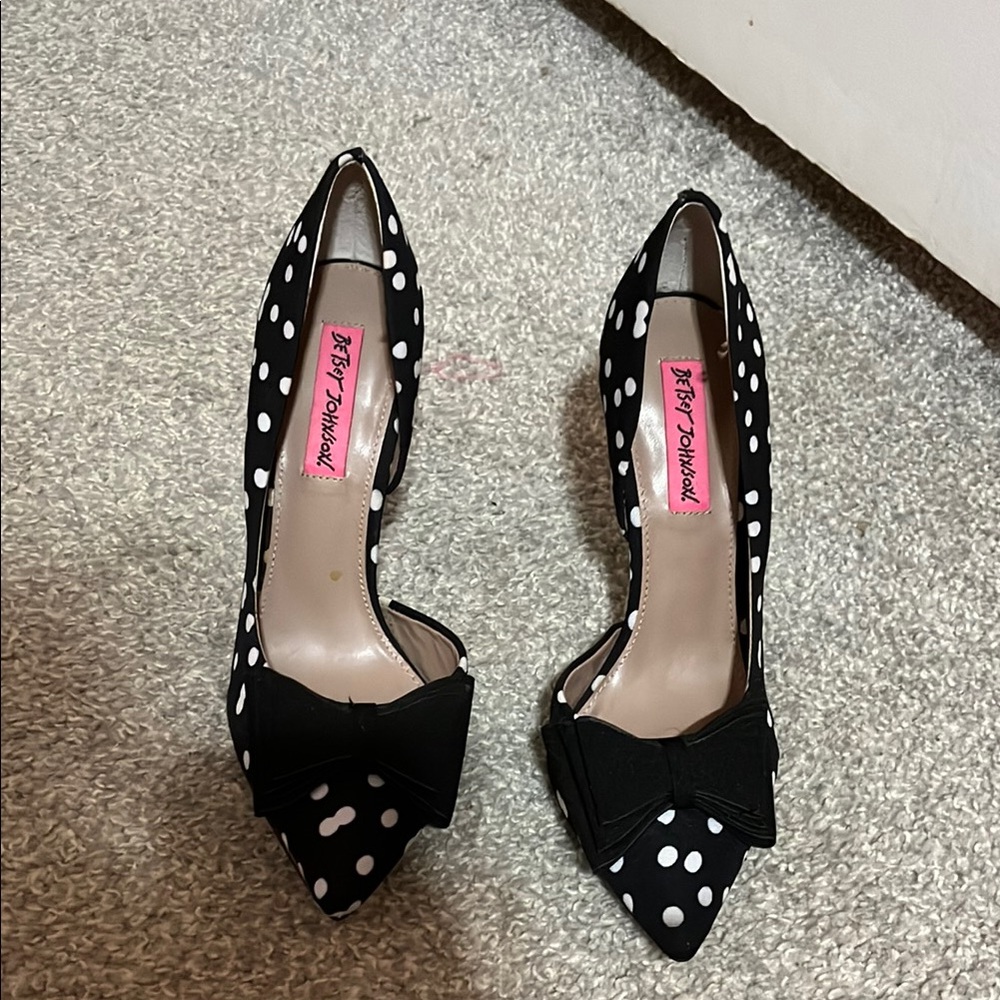 Betsey Johnson Black and White Polka Dot Peep-Toe Heels